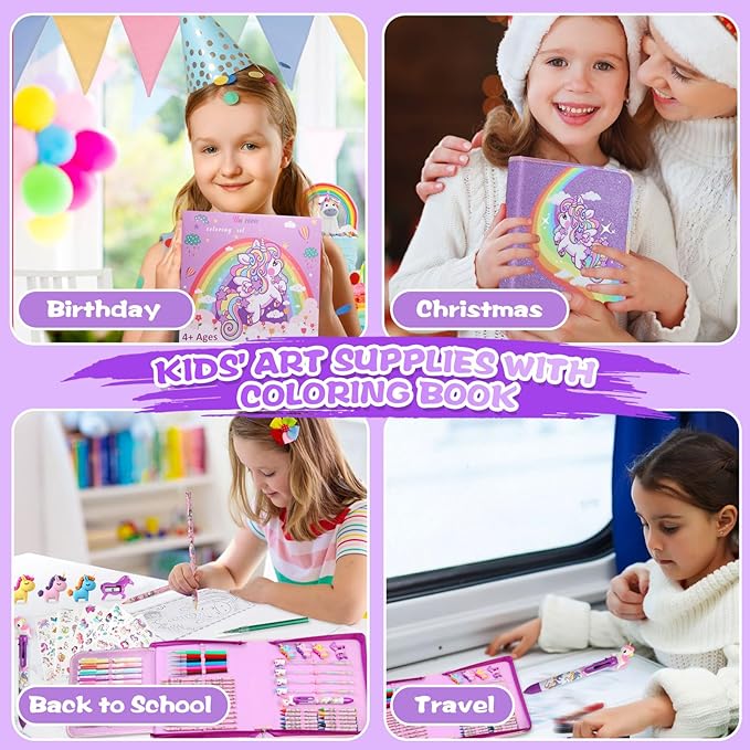 CozyJoyz Unicorn Washable Marker Set, 59 Pcs Arts and Crafts Coloring Set for Kids, Drawing Art Supplies Birthday Gifts for Girls Toys 4 5 6 7 8 9 Year Old (Purple)