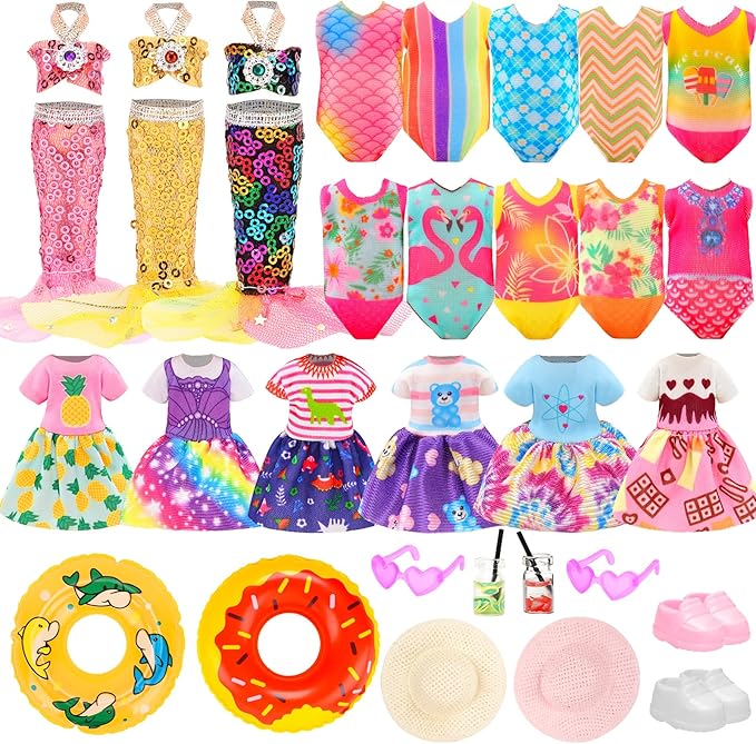 Mini 5.3 inch Doll Clothes and Accessories 6 Beach Swimsuits 3 Dresses with 2 Swimming Rings 2 Drinks 2 Hats 2 Glasses 2 Shoes