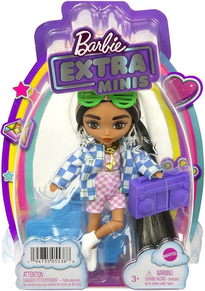 Barbie Extra Minis Doll #2 (5.5 in) Wearing Checkered 2-Piece Fashion & Jacket, with Doll Stand & Accessories Including Shutter Sunglasses and Boombox, Gift for Kids 3 Years Old & Up