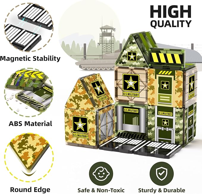 GobiDex Magnetic Tiles Army Toys, Military Magnetic Building Blocks for Kids 3-5 4-8 Girls Boys Toys Age 4-6 6-8, STEM Sensory Army Men Toddler Birthday Gifts for 3+ Year Old Kids Toy
