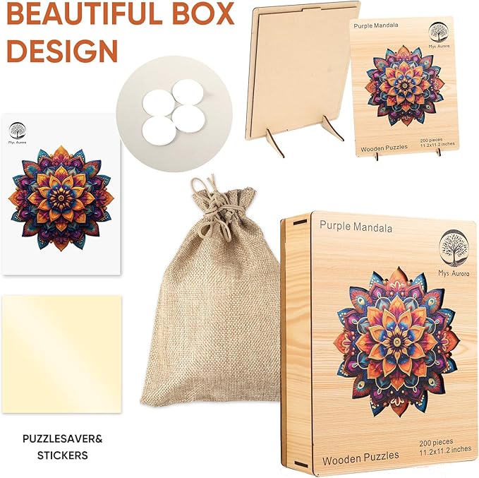 Mys Aurora Purple Mandala Puzzles for Adults, 200 Piece Colorful Flower Jigsaw Puzzles, Unique Shaped Round Wooden Puzzles for Adults and Kids, Fun Challenge for Birthday Gift, 11.2 x 11.2 Inches