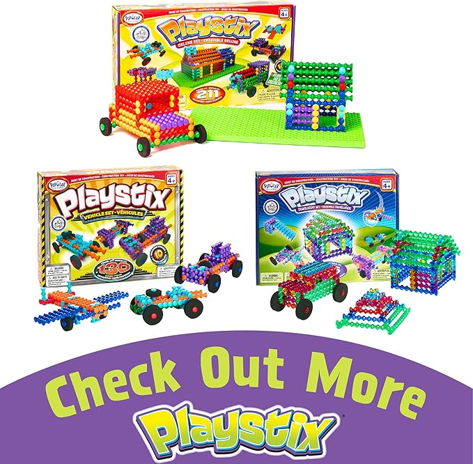 POPULAR PLAYTHINGS Playstix Construction Toy Set with Building Sticks for STEM and Classroom Use, for Kids Ages 4 and Up - 150 Piece Kit