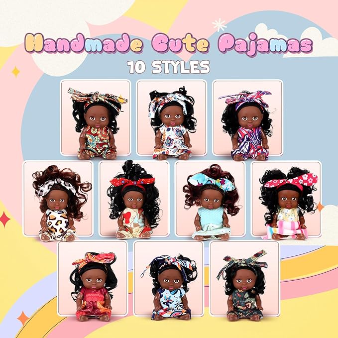 Hanaive 10 Pcs 4 Inch Mini Baby Dolls Lifelike Realistic Tiny Baby Dolls with Animal Clothes Cute Infant Figurine Gifts Set for Toddlers Girls Kids 3+ Easter Graduation Birthday(Dark Skin Style)