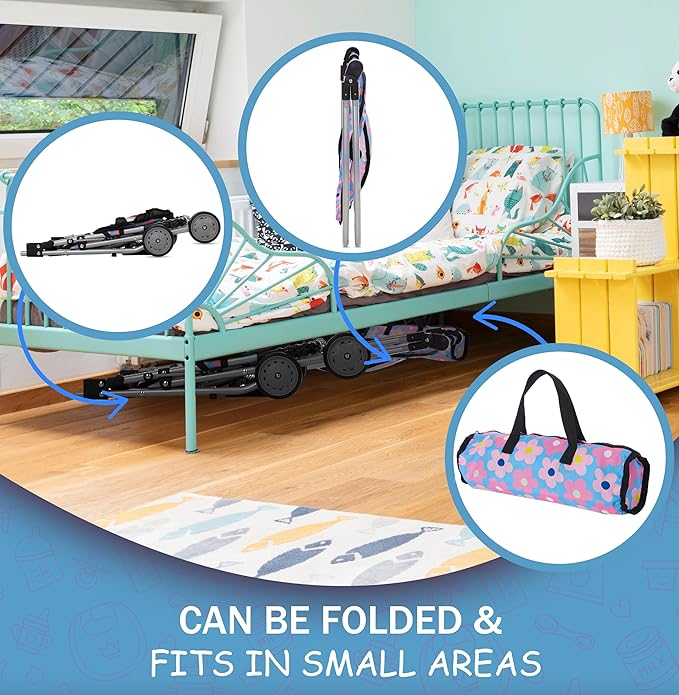 Baby Doll Stroller Bed and Swing Nursery Playset, Baby Doll Accessories Furniture Set Convertible High Chair Diaper Bag Role Play Deluxe Blue Doll Set