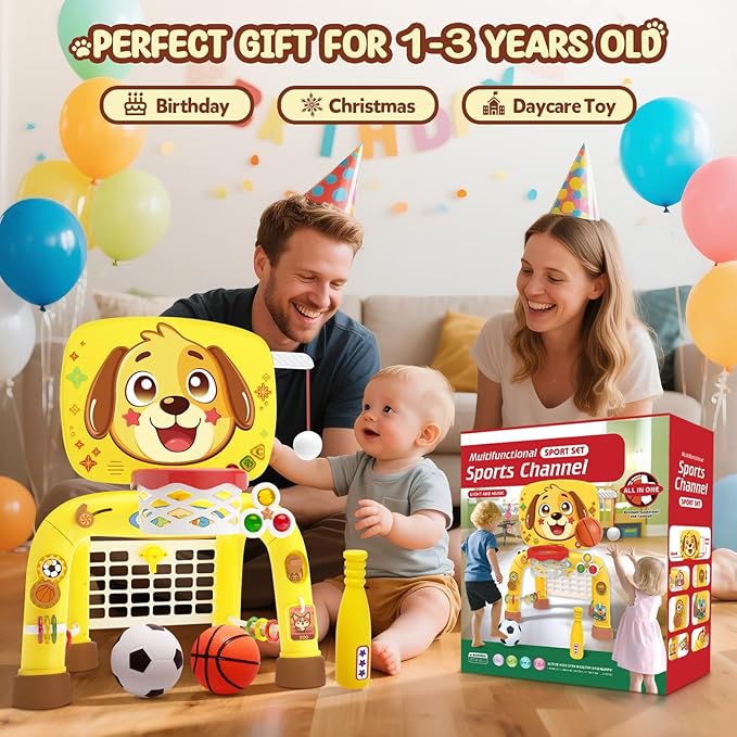 Toys for 1 Year Old Boy - Toddler Basketball Hoop & Soccer Goal & Baseball Activity Center with Light Sound Music, Puppy Montessori Sports Toy, Christmas Birthday Gift for Baby 12-18 Months, Yellow