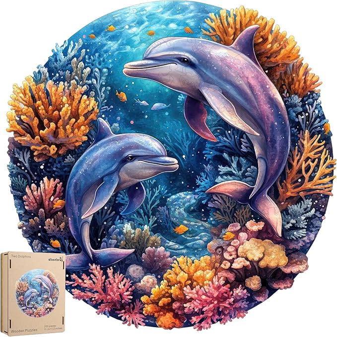 Qiuenisray Wooden Puzzles for Adults, Dolphins Jigsaw Puzzles 200 Pieces, FSC Certified Unique Shape Ocean Adult Puzzles, Irregular Wood Creative Gift for Family Game 11.2 x 11.2 in