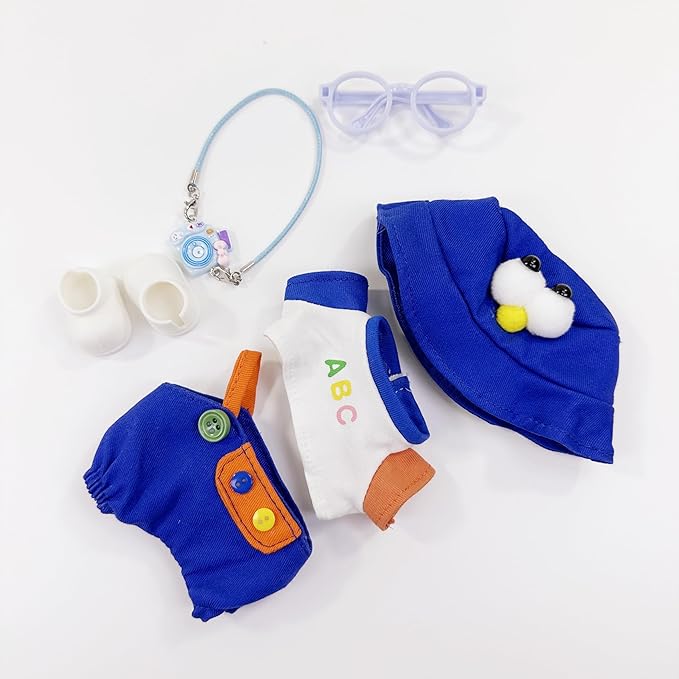 Stylish Adorable 17cm Dolls Clothes, 6PCS Doll Outfits Dress-Up with Hat + Top + Pants + Glasses + Shoes + Pendant Accessories (No Dolls) Blue