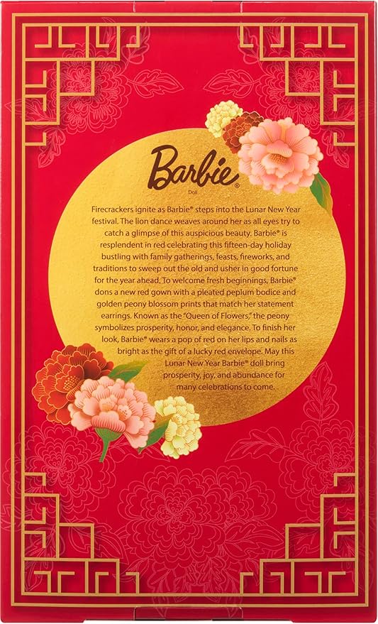 Barbie Signature Lunar New Year Fashion Doll Wearing Red Dress with Golden Peony Print, Collectible Holiday Toy