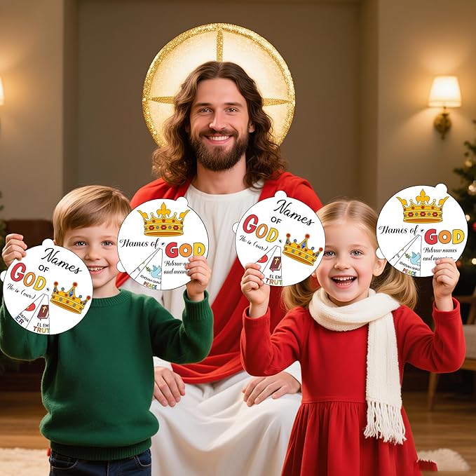 COcnny Religious Christian Craft for Kids - 24 Sets Color Your Own God’s Name Art Craft Cards, DIY Coloring God Wheel Paper Kit for Church Sunday School Home Class Bible VBS Activities