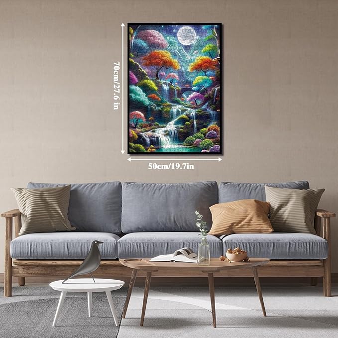Magic Forest Landscape Puzzles for Adults 1000 Pieces, Nature Waterfall Moon Jigsaw Puzzle, Colorful Tree Scenic Puzzle as Home Decor