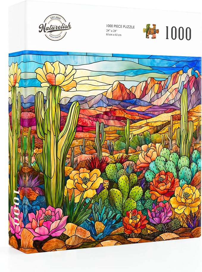 Stained Glass Cactus Jigsaw Puzzles for Adults 1000 Pieces, Difficult Puzzles Perfect for Game Night, Great Gift Idea, Size 24x24 in