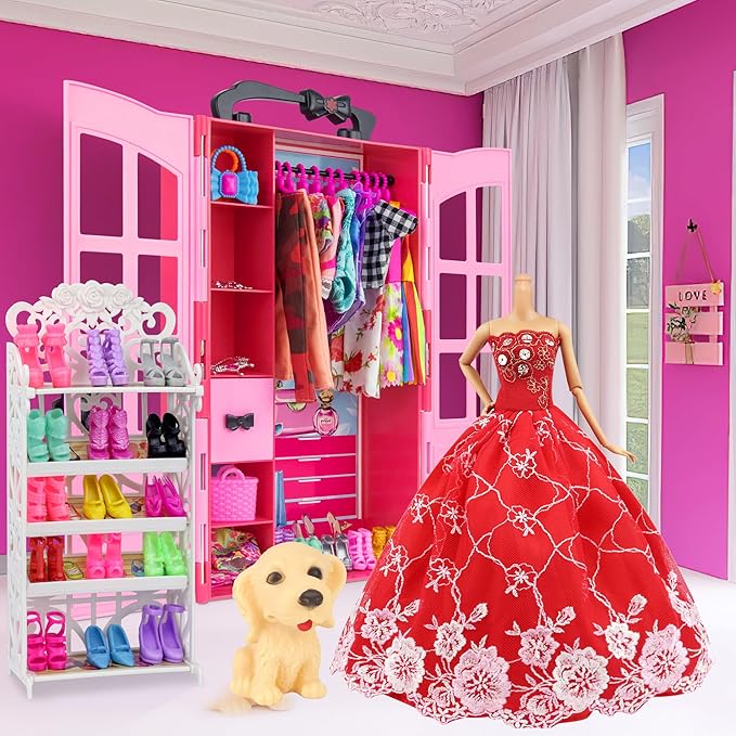 Ecore Fun 120 Pcs Fashion Doll Closet Wardrobe for Clothes and Accessories Storage Include Clothes, Dresses, Shoes, Shoes Rack, Bags, Necklace, Hangers for 11.5 Inch Girl Doll Clothes
