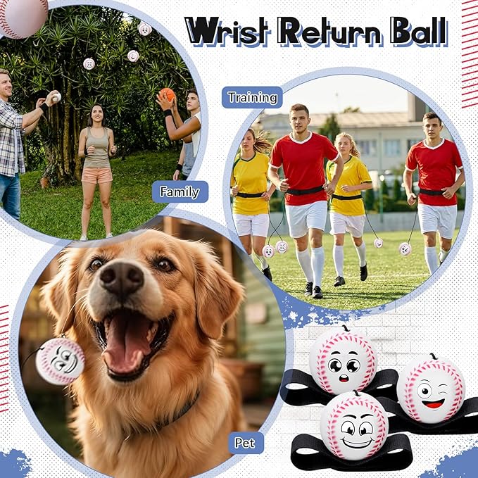 30 Pcs Wrist Return Balls on a String Face Return Sport Balls with Elastic Strap Wrist Exercise for Adults for Fun Outdoor Activity Sports Team Gifts (Baseball)