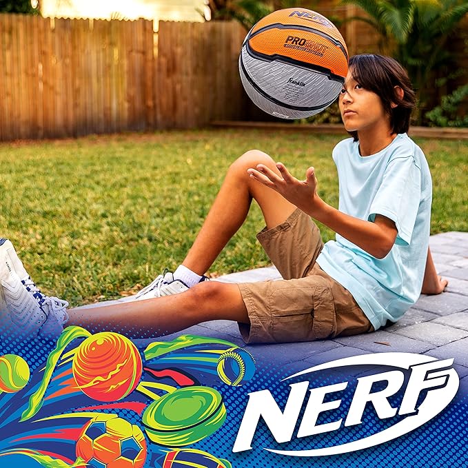 Nerf Indoor + Outdoor Basketball - Proshot Official Size 29.5" Basketball + Air Inflation Pump - Extra Grip for Gym + Driveway Hoops - Regulation B7 Ball - Black/Orange