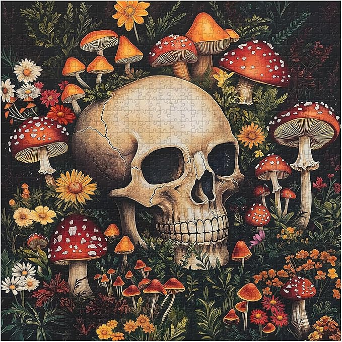 Vintage Mushroom 1000 Piece Puzzle for Adults, PICKFORU Horror Jigsaw Puzzles Skeleton Skull, Colorful Wildflower Puzzles for Adults, Terror Skull Puzzle as Mushroom Art