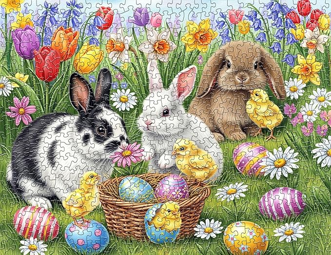 Springbok Three Easter Bunnies 500 Piece Jigsaw Puzzle for Adults – Poster Now Included - Spring and Floral – Unique Cut Pieces – Made in USA
