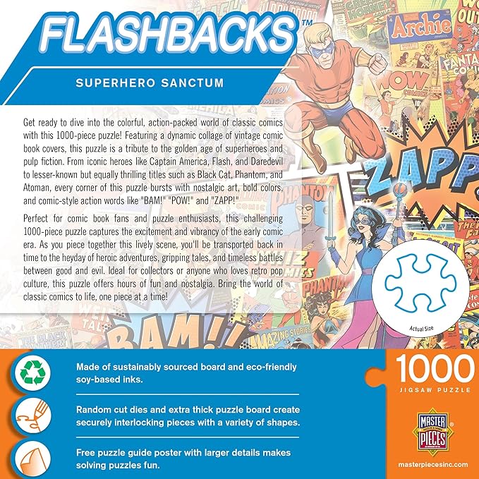 MasterPieces 1000 Piece Collage Jigsaw Puzzle for Adults - Superhero Sanctum - Fun Vintage Comic Book Covers - 19.25"x26.75"