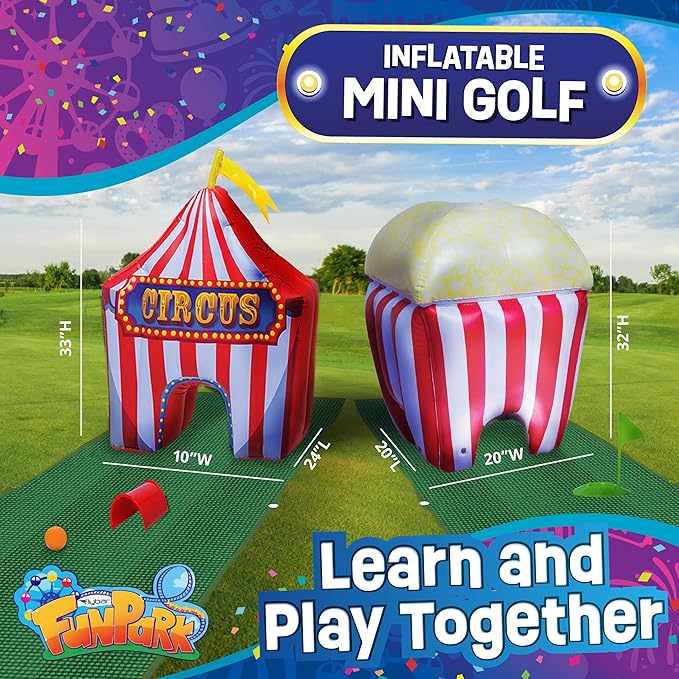 FunPark Inflatable Mini Golf Set – 13-Piece Course with Adjustable Clubs, Balls, Putting Cups, Green Mats and Themed Obstacles for Indoor or Outdoor Play, Active Game for Boys ANG Girls, Ages 6+