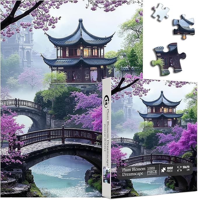 PICKFORU Plum Blossom Dreamscape Puzzles for Adults 1000 Pieces, Vintage Flower Tree Scenery Puzzles, Impossible Unique Lake Park Theme as Home Decor
