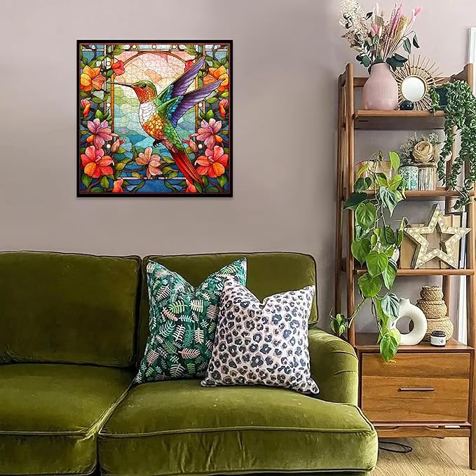 Hummingbird Puzzles for Adults 1000 Pieces, Stained Glass Spring Bird Flower Impossible Art Puzzle, Hard Challenging Bird Garden Jigsaw Puzzle as Home Wall Art Decor
