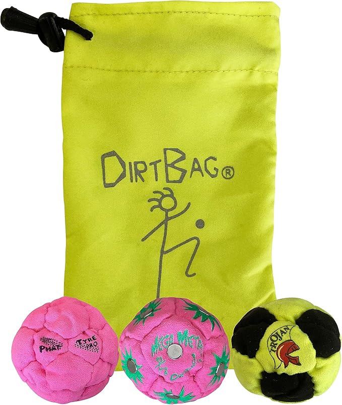 DIRTBAG Lover Footbag 3-Pack with Pouch, Includes Three Original and Unique Premium Quality Hand Sewn Footbags and Carry Pouch.
