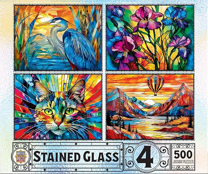 MasterPieces 500 Piece Jigsaw Puzzles for Adults, Family, Or Youth - Stained Glass 4-Pack - 14"x19"