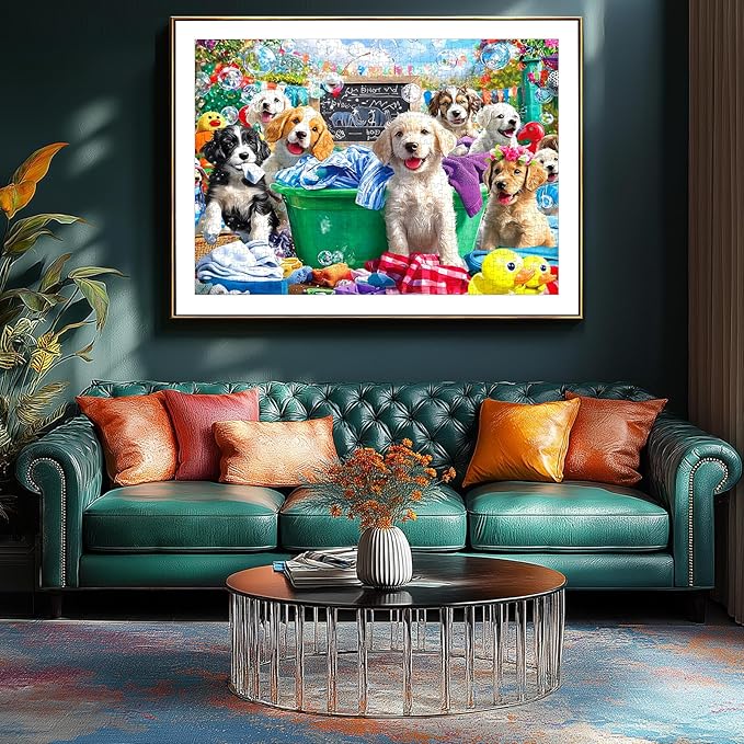 Puppy Laundry Day 500 Piece Jigsaw Puzzle for Adults Fun Colorful Cute Playful Dogs with Bubbles Bath Scene, Seniors & Families Relax Puzzles with Letters on Back, 23x15 Inch