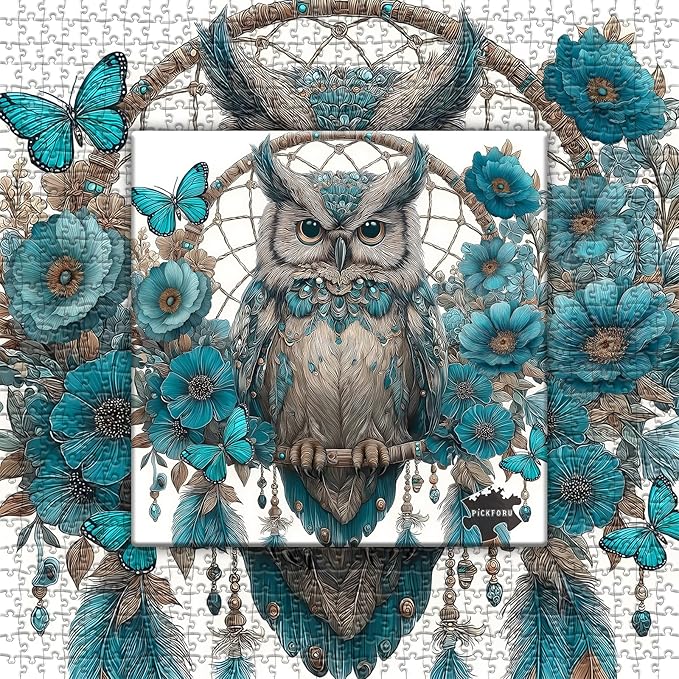 Owl Puzzles Adults 1000 Pieces, PICKFORU Owl Dreamcatcher Jigsaw Puzzle Floral Art Puzzles, Blue Butterfly Flower Animal Puzzle Adults Challenge