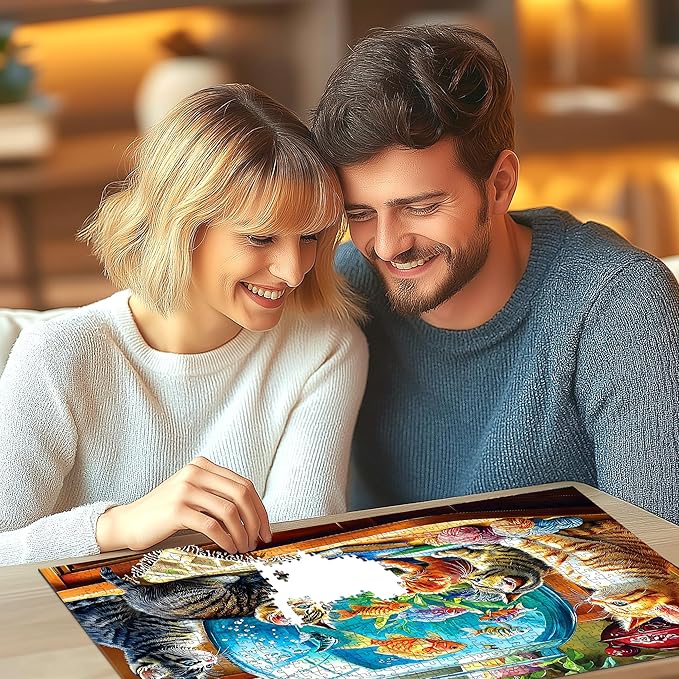 Cat Jigsaw Puzzle for Adults 1000 Piece, Colorful Kittens and Goldfish Bowl Scene, Stress-Relieving Relaxation Activity, 27.58 x 19.69 Inches