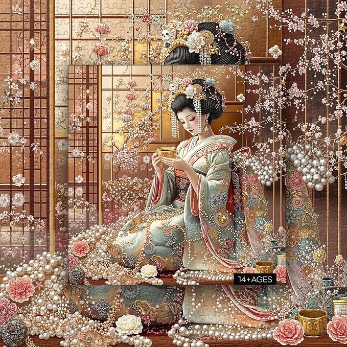 PICKFORU Elegant Geisha Puzzles for Adults 1000 Pieces, Retro Kimono Cherry Blossom Jigsaw Puzzles, Japanese Art Puzzle as Wall Art Decor