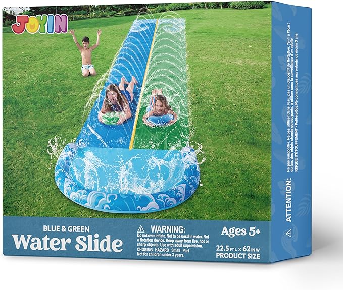 JOYIN 22.5FT Water Slide and 2 Inflatable Boards, Extra Long Heavy Duty Double Lawn Waterslide with Sprinkler for Kids Adults Backyard Summer Water Toy Outdoor Fun, Blue, Green