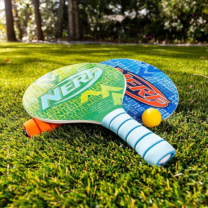 NERF Paddleball Set - Fun Paddleball Beach Game for Adults + Kids - Fun Outdoor Pool + Beach Water Sports Game - Includes (2) Wooden Paddles + (1) NERF Paddle Ball - Complete Set