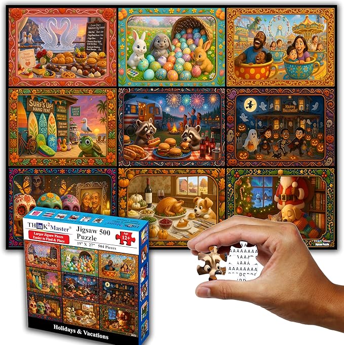Think2Master Holiday Collage 500 Pieces Very Large Pieces Jigsaw Puzzle: 13+, Teens, Adults & Seniors. A Year of Celebration an Excellent Present for Birthdays, Christmas. Size: 26.8” X 18.9”