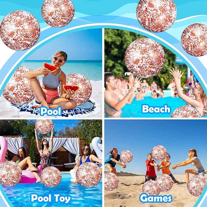 Lewtemi 12 Pcs Inflatable Glitter Beach Balls 16 Inch 24 Inch Shiny Giant Confetti Balls Swimming Pool Beach Blow up Balloon for Outdoor Summer Party Wedding Decor(Rose Gold)