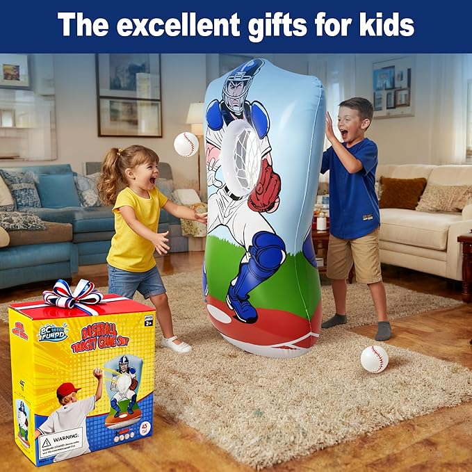 Inflatable Baseball Training Toss Game Inflatable Baseball Pitching Target for Kids, Double-Sided Outdoor & Indoor, Includes 4 Baseballs, Pump & Patch Kit Baseball Game Gifts for 36 Months+