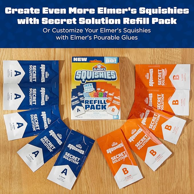 Elmer's Squishies, Kids DIY Activity Kit, Squishy Glow in the Dark Toys, Creates 2 Mystery Characters, 13 Piece Set - Slime Fun, Crafts, Holiday Gift for Ages 6+