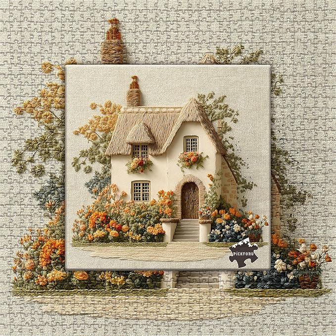Embroidered Cottage Puzzle for Adults 1000 Pieces, Flower Garden Countryside Puzzle Cottage, Cozy Vintage Cottagecore Floral Art Jigsaw Puzzle, Retro Home Wall Decor