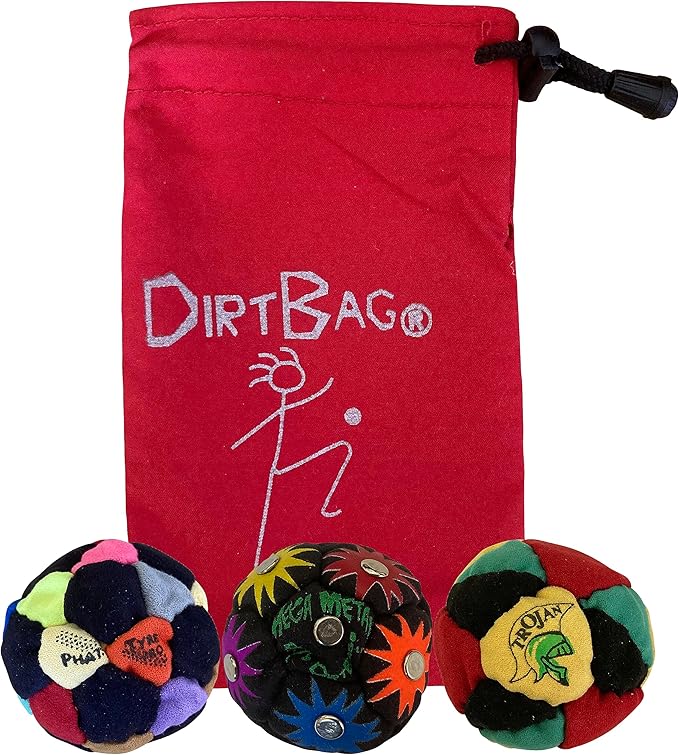 DIRTBAG Lover Footbag 3-Pack with Pouch, Includes Three Original and Unique Premium Quality Hand Sewn Footbags and Carry Pouch.