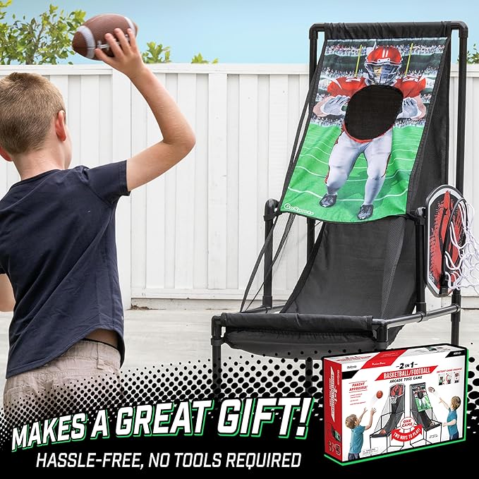 GoSports 2 in 1 Basketball & Football Toss Arcade Game - Indoor & Outdoor Toy Hoop for Kids Ages 3-8