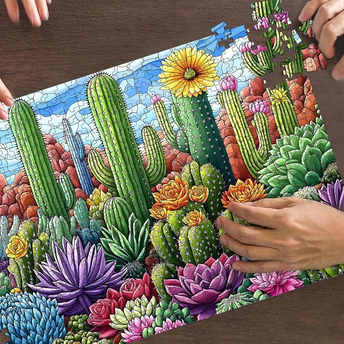 Puzzles for Adults 500 Pieces, Stained Glass Jigsaw Puzzles 500 Pieces - Cactus Garden, Cactus Wall Art Puzzle for Families, Finished Size 20.47 * 14.96”, with 1:1 Poster, Letter on the Back
