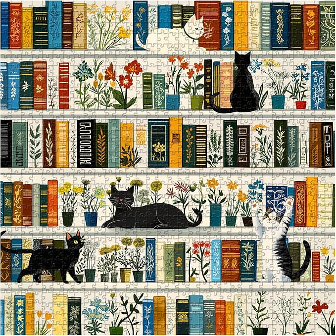 Retro Bookshelf Book Jigsaw Puzzles 1000 Pieces, PICKFORU Vintage Cat Flower Puzzles for Adults Wildflower, Funny Cute Kitten Theme as Wall Decor