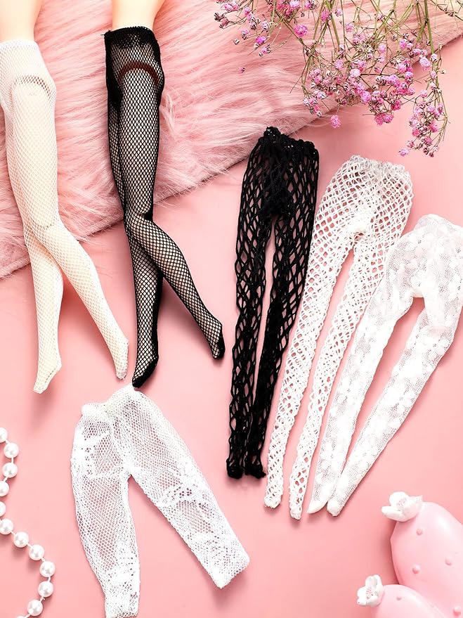 6 Pieces Doll Tights 12 Inch Handmade Doll Lace Stockings Female Long Sock Legging Casual Accessories for DIY Gifts(Large Hole Style)