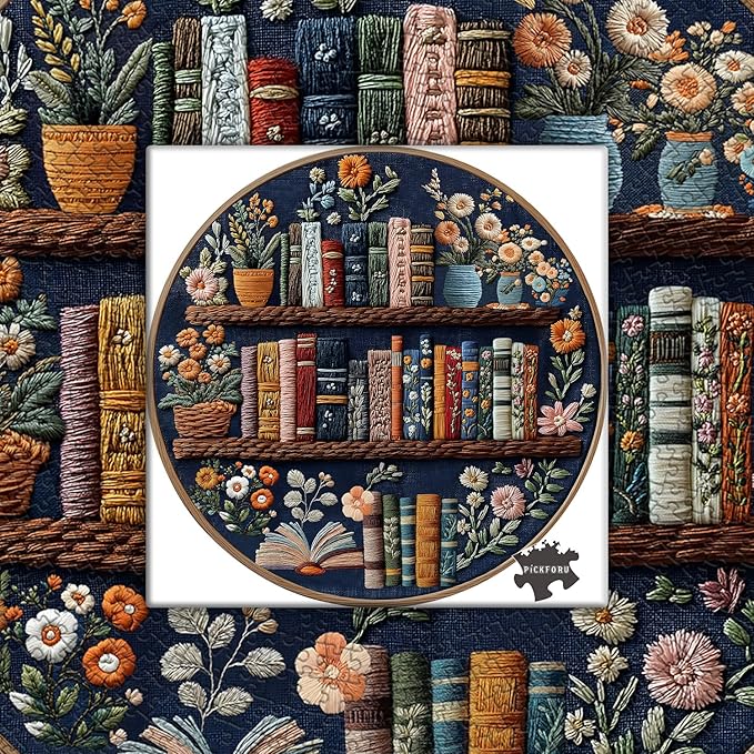 PICKFORU Blooming Bookshelf Puzzles for Adults 1000 Pieces, Round Book Flower Puzzle Library, Wildflower Pages Jigsaw Puzzles, Circle Vintage Floral Plant Embroidery Aesthetic Challenging