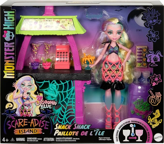 Monster High Doll & Playset, Lagoona Blue Scare-adise Island Snack Shack with Food Accessories & Color-Change Drinks