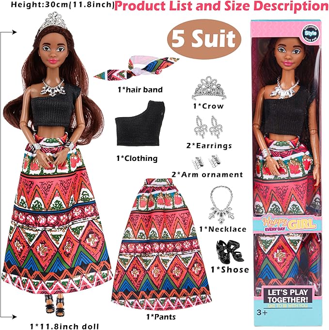 dollbie 6 Pack African American Fashion Dolls Set with Mix & Match Outfits – 11.5" Posable Black Dolls & 5 Accessories Each (Crown, Necklace, Headscarf & More) + Pink Gift Case