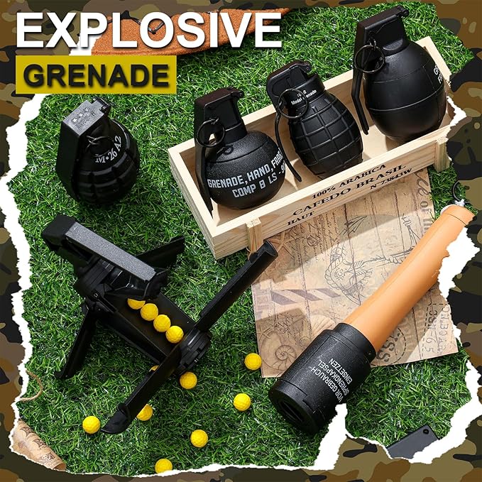 Sratte 6 Pcs Toy Hand Grenade for CS Battle Game, Fake Tactical CS-Grenade Toys with 60 Foam Ammo Fun Impact Pull Ring Grenade for 14+ and Adult Outdoor Sports(Black)