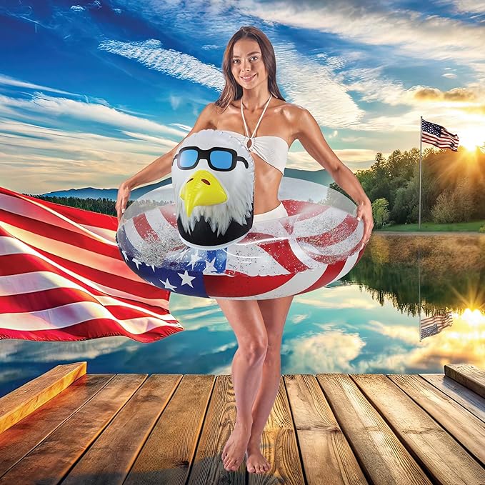 POZA Inflatable USA Pool Float - Luxurious Fun Lounger Filled with Sparkle Silver Stars Confetti, Cool USA Flag Design Water Swimming Pool Floaties for Beach, Lake & Pool