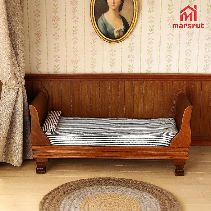 1:12 Scale Doll House Miniature Single Bed with Bedding Fabric & Pillow, Wooden Vintage Victorian European Style Bedroom Furniture Decor Christmas Accessories, Mini Sleigh Bed for 6 Inch Dolls