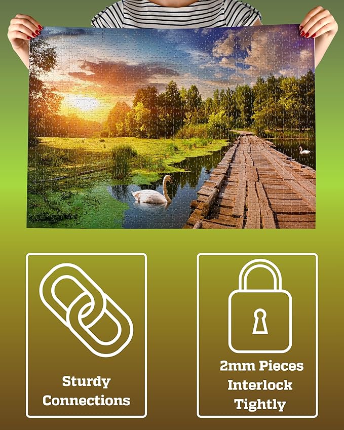 1000 Piece Puzzle for Adults - Golden Hour Lake with Wooden Bridge & Swans, Gift-Ready Box, Letters on Back, 8 Jigsaw Puzzle Saver Sheets & Full-Size Poster by GERJATO - Ideal Gift for Loved Ones