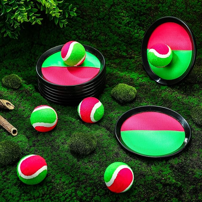 Charniol Kids Toys Toss and Catch Game Set Beach Game Outdoor Ball Sports Games Toss and Catch Ball Nylon Toys for Kids Adults (Pink, Green, Black,12 Paddles 6 Balls)